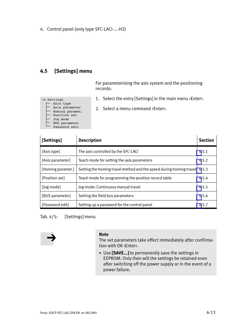 5 [settings] menu, Settings] menu, N 4.5 | Festo Контроллеры двигателя SFC-LAC User Manual | Page 97 / 379