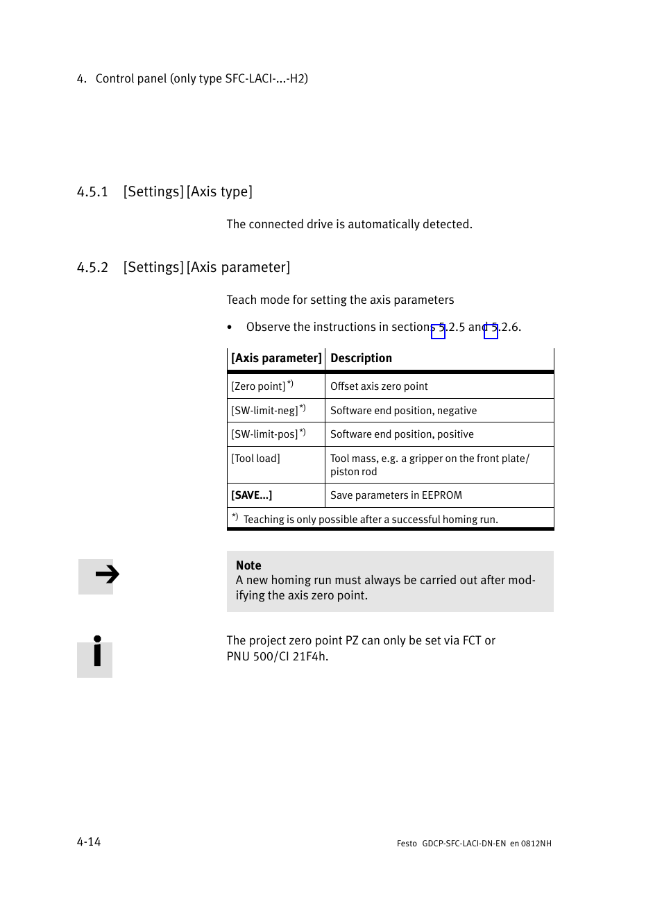 1 [settings] [axis type, 2 [settings] [axis parameter, Settings] [axis type | Settings] [axis parameter | Festo Контроллеры двигателя SFC-LAC User Manual | Page 98 / 379