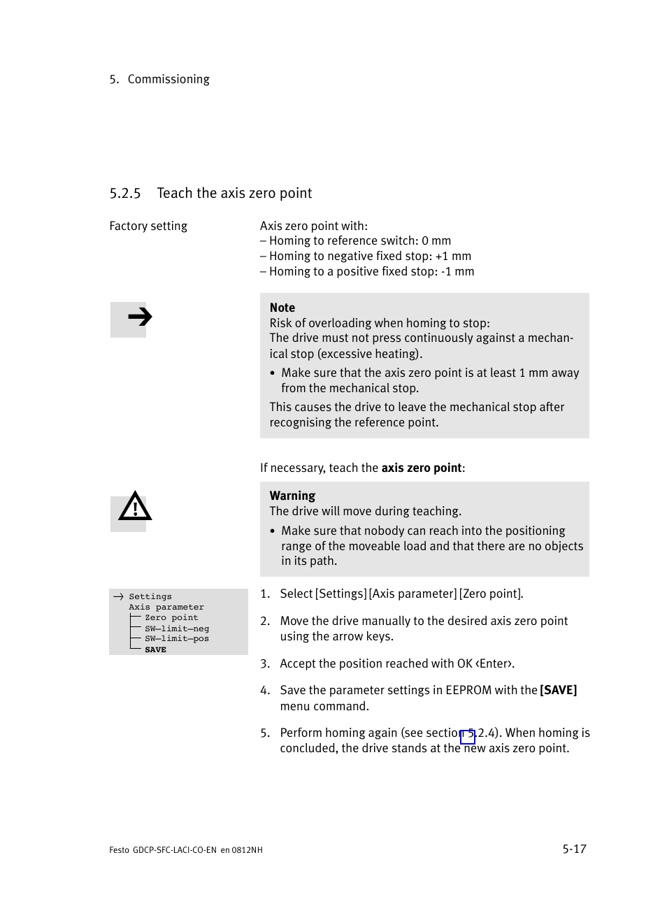 5 teach the axis zero point, Teach the axis zero point | Festo Контроллеры двигателя SFC-LAC User Manual | Page 119 / 389