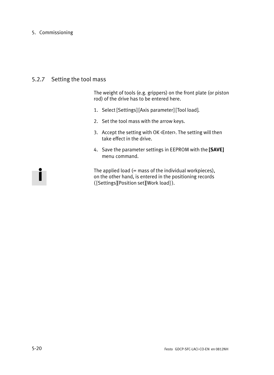 7 setting the tool mass, Setting the tool mass | Festo Контроллеры двигателя SFC-LAC User Manual | Page 122 / 389