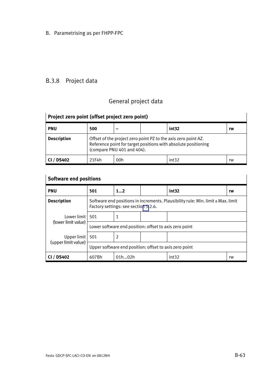 B.3.8 project data, B.3.8, Project data | B−63, B.3.8 project data general project data | Festo Контроллеры двигателя SFC-LAC User Manual | Page 291 / 389