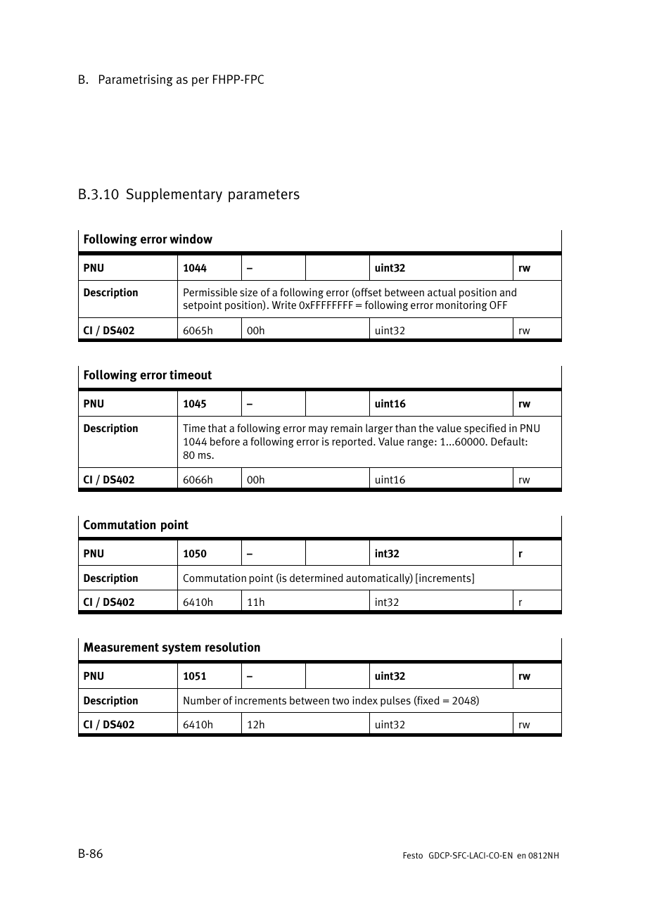 B.3.10 supplementary parameters, B.3.10, Supplementary parameters | B−86 | Festo Контроллеры двигателя SFC-LAC User Manual | Page 314 / 389