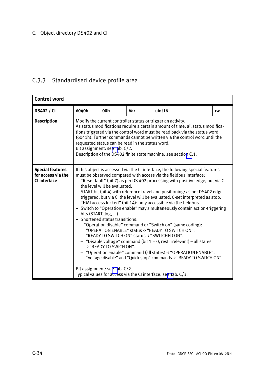 C.3.3 standardised device profile area, C.3.3, Standardised device profile area | C−34, Ndix c.3.3 | Festo Контроллеры двигателя SFC-LAC User Manual | Page 360 / 389