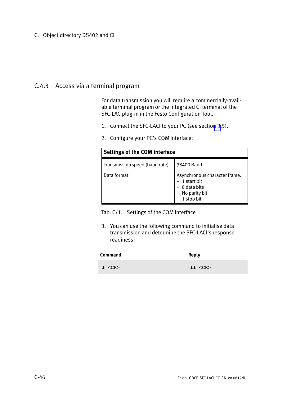 C.4.3 access via a terminal program, C.4.3, Access via a terminal program | C−46 | Festo Контроллеры двигателя SFC-LAC User Manual | Page 372 / 389