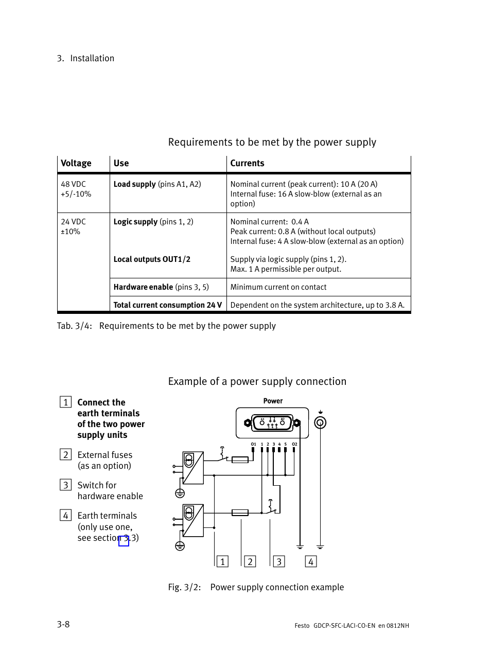 Requirements to be met by the power supply, Example of a power supply connection 1 | Festo Контроллеры двигателя SFC-LAC User Manual | Page 60 / 389