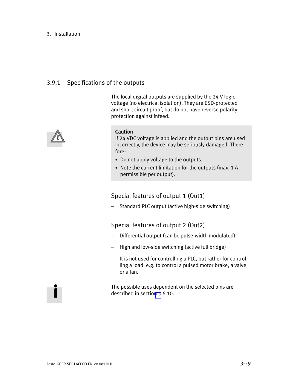 1 specifications of the outputs, Specifications of the outputs | Festo Контроллеры двигателя SFC-LAC User Manual | Page 81 / 389