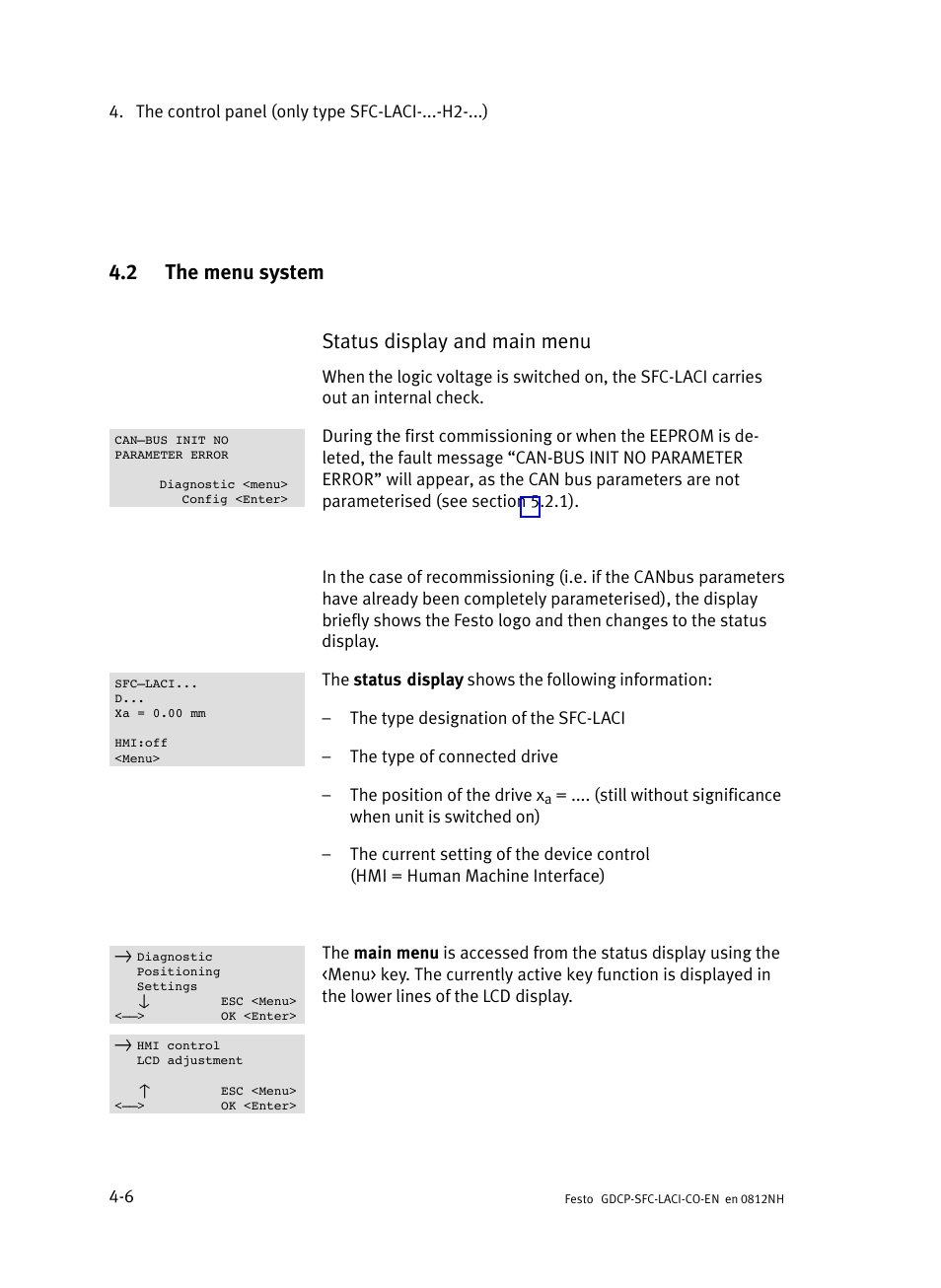 2 the menu system, The menu system, 2 the menu system status display and main menu | Festo Контроллеры двигателя SFC-LAC User Manual | Page 88 / 389