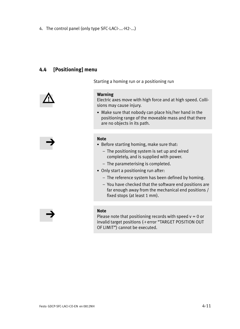 4 [positioning] menu, Positioning] menu | Festo Контроллеры двигателя SFC-LAC User Manual | Page 93 / 389