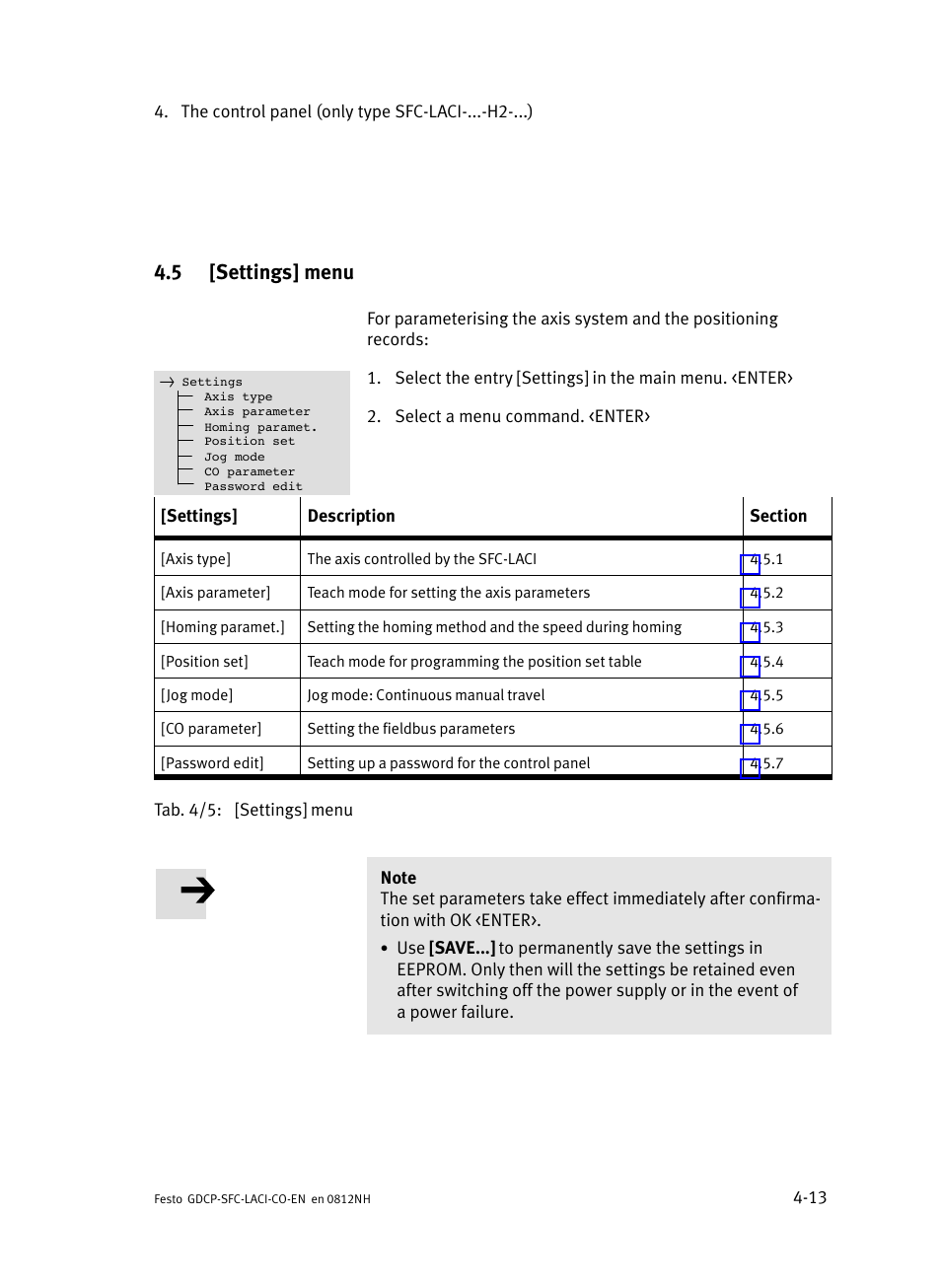 5 [settings] menu, Settings] menu | Festo Контроллеры двигателя SFC-LAC User Manual | Page 95 / 389