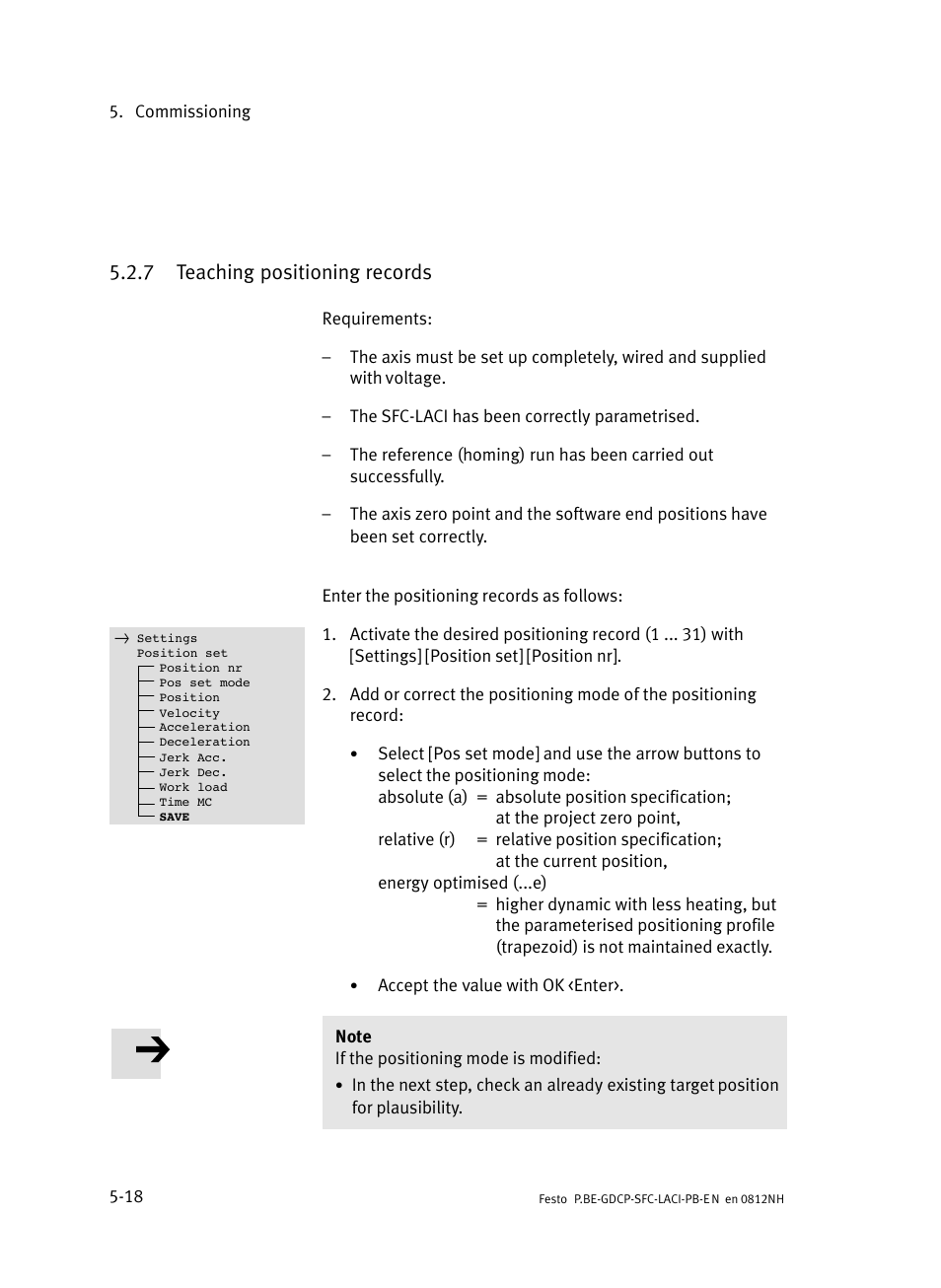 7 teaching positioning records, Teaching positioning records | Festo Контроллеры двигателя SFC-LAC User Manual | Page 114 / 351