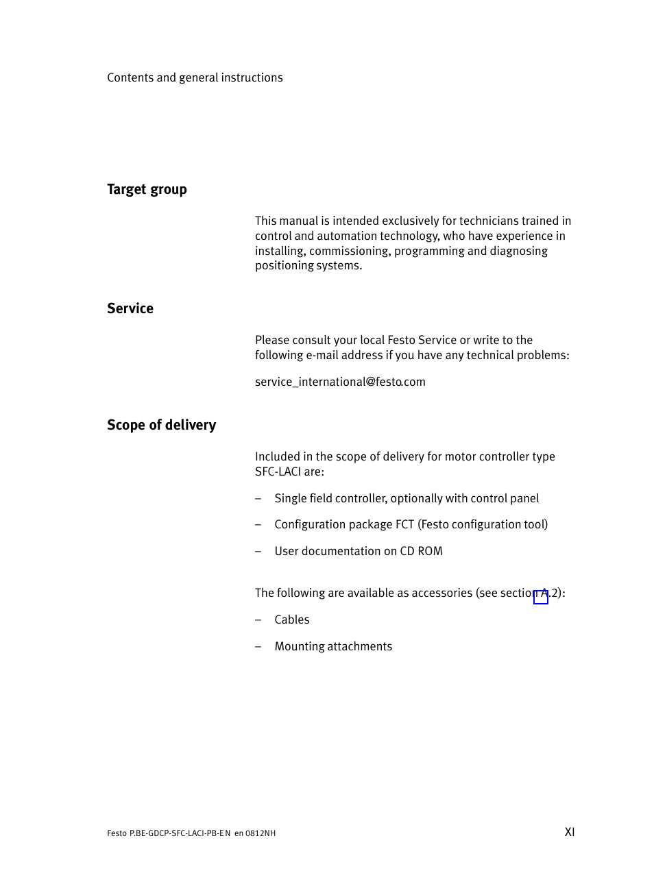 Target group, Service, Scope of delivery | Festo Контроллеры двигателя SFC-LAC User Manual | Page 13 / 351