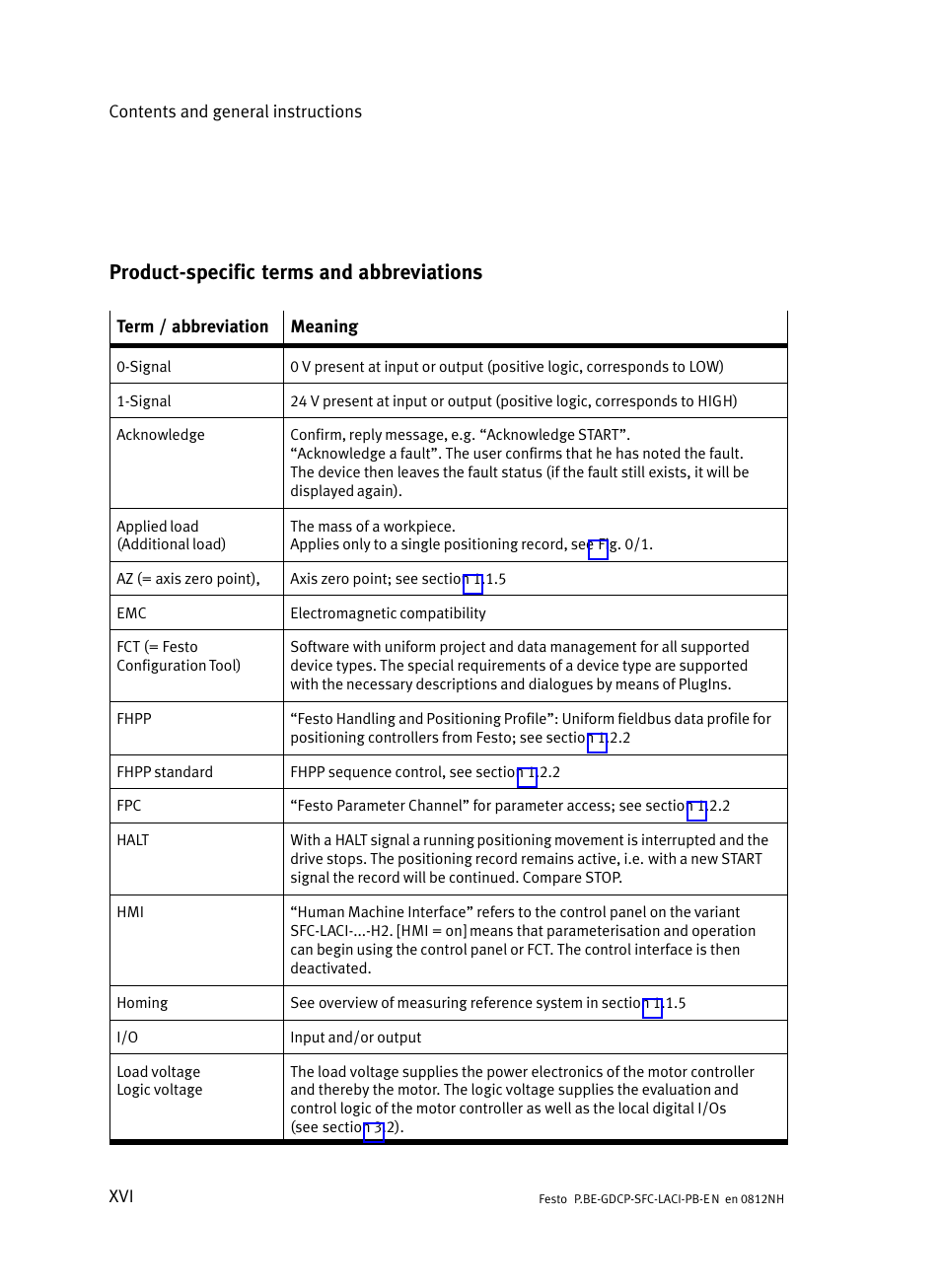 Product-specific terms and abbreviations, Product−specific terms and abbreviations | Festo Контроллеры двигателя SFC-LAC User Manual | Page 18 / 351