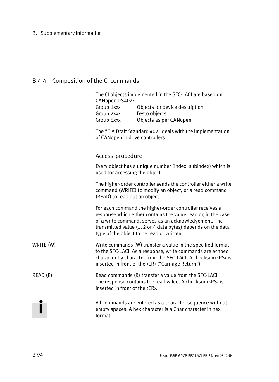 B.4.4 composition of the ci commands, B.4.4, Composition of the ci commands | B−94 | Festo Контроллеры двигателя SFC-LAC User Manual | Page 314 / 351