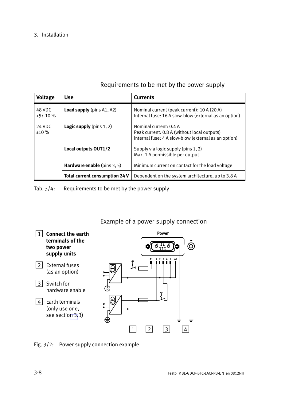 Requirements to be met by the power supply, Example of a power supply connection 1 | Festo Контроллеры двигателя SFC-LAC User Manual | Page 58 / 351