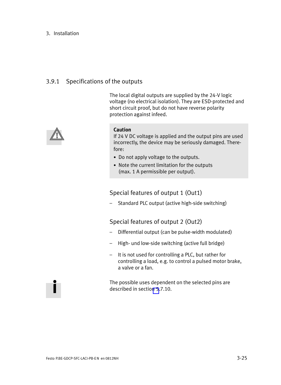 1 specifications of the outputs, Specifications of the outputs | Festo Контроллеры двигателя SFC-LAC User Manual | Page 75 / 351