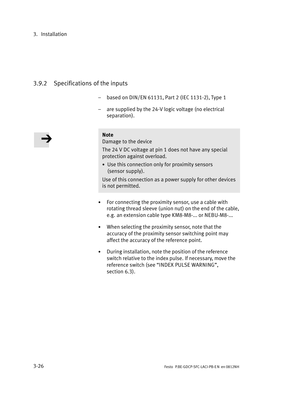 2 specifications of the inputs, Specifications of the inputs | Festo Контроллеры двигателя SFC-LAC User Manual | Page 76 / 351