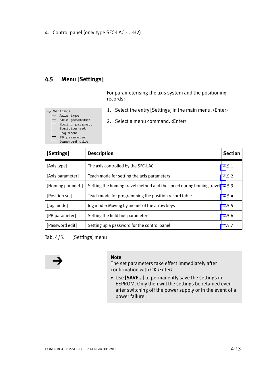 5 menu [settings, Menu [settings, Section 4.5) | Festo Контроллеры двигателя SFC-LAC User Manual | Page 89 / 351