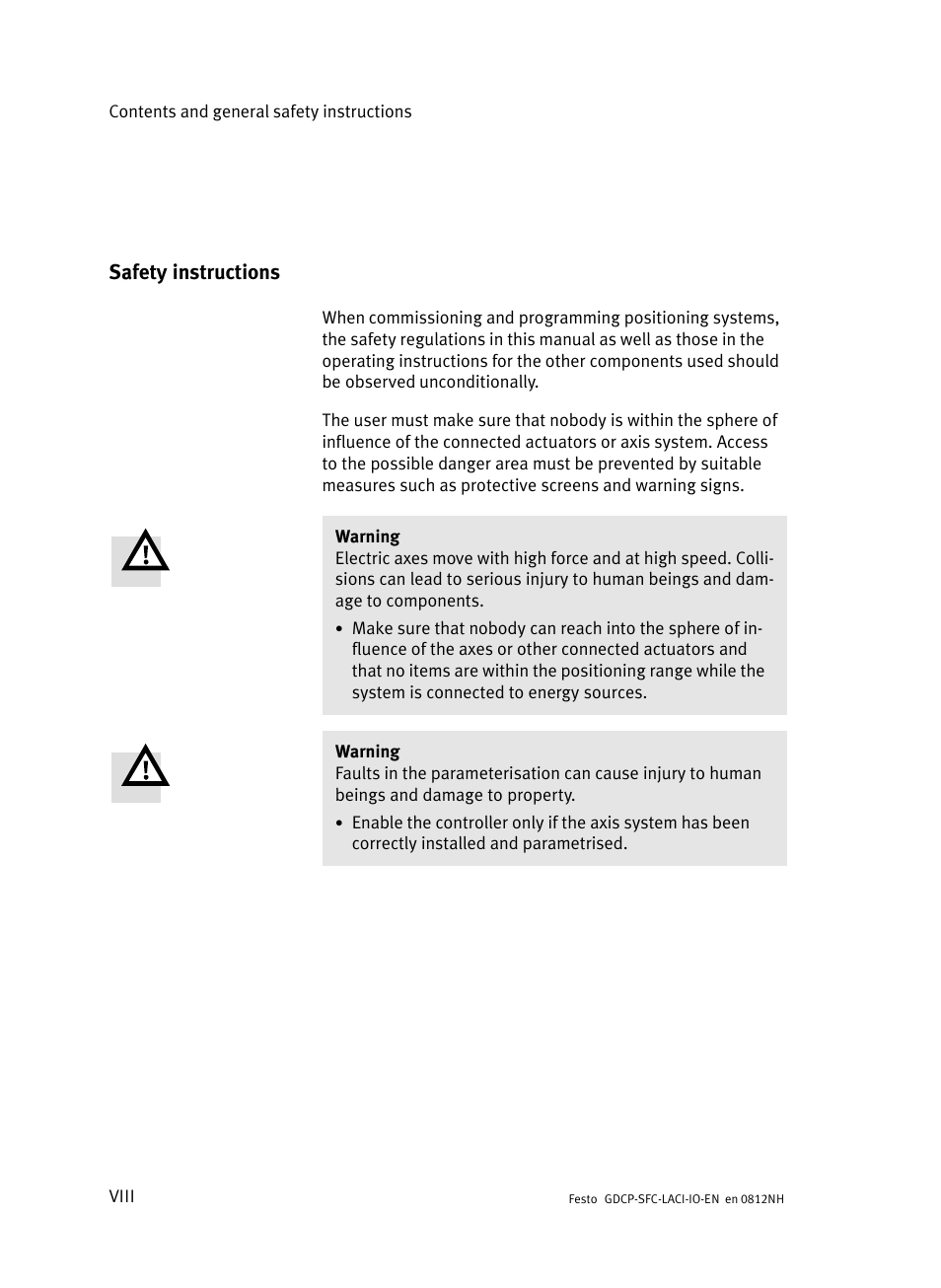 Safety instructions, Viii | Festo Контроллеры двигателя SFC-LAC User Manual | Page 10 / 245