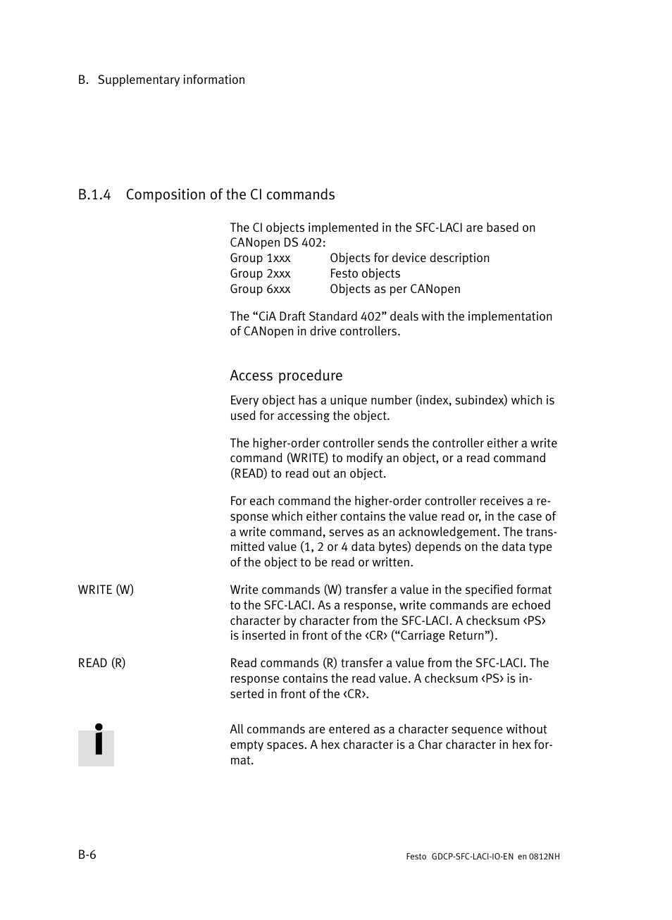 B.1.4 composition of the ci commands, B.1.4, Composition of the ci commands | Festo Контроллеры двигателя SFC-LAC User Manual | Page 168 / 245