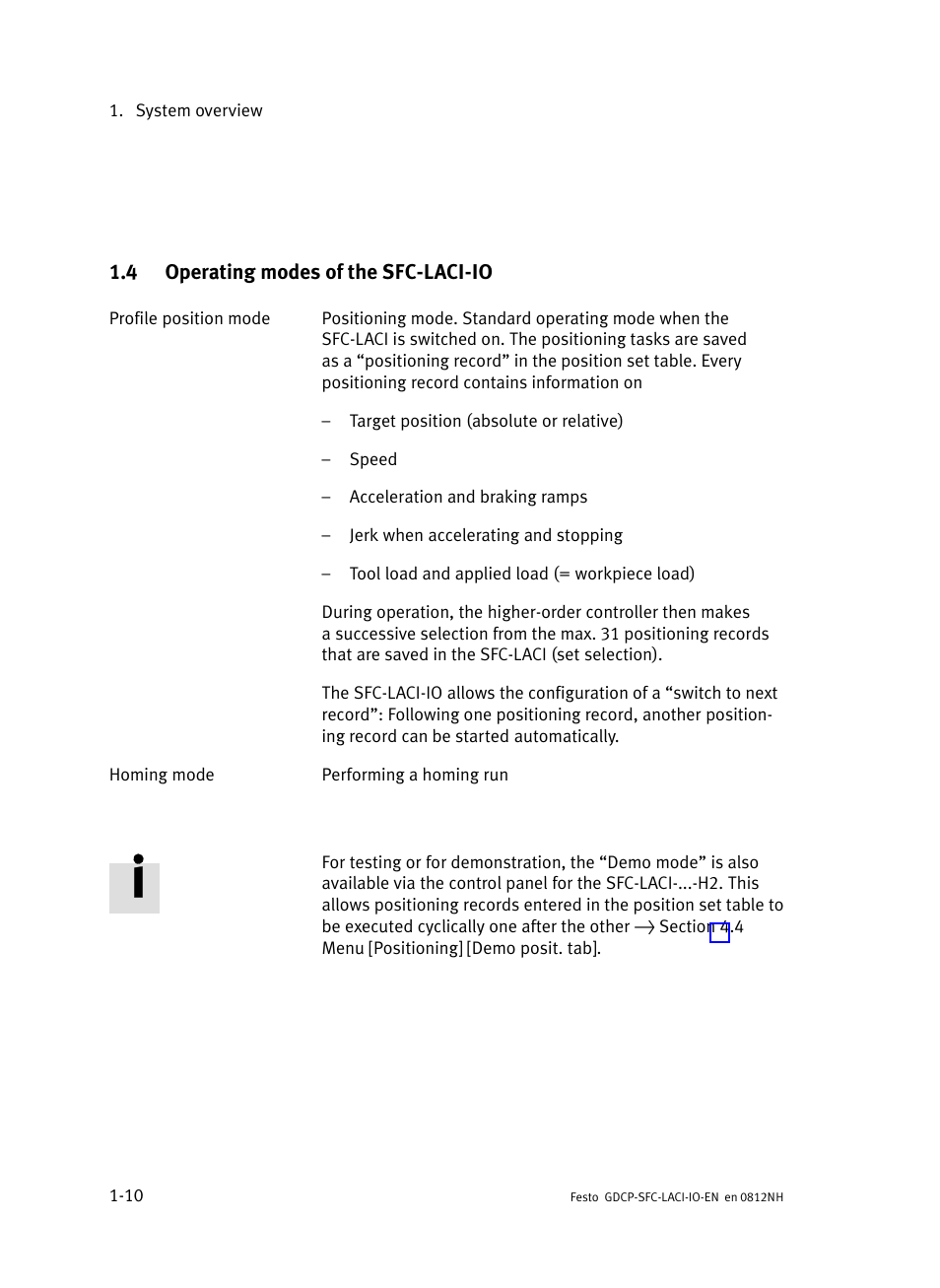 4 operating modes of the sfc-laci-io, Operating modes of the sfc−laci−io, Section 1.4 | Festo Контроллеры двигателя SFC-LAC User Manual | Page 28 / 245