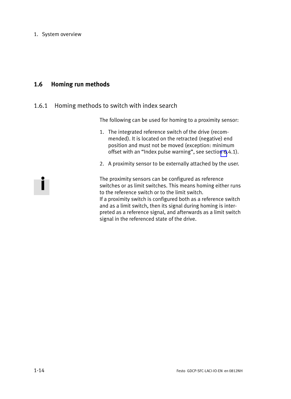 6 homing run methods, 1 homing methods to switch with index search, Homing run methods | Homing methods to switch with index search | Festo Контроллеры двигателя SFC-LAC User Manual | Page 32 / 245