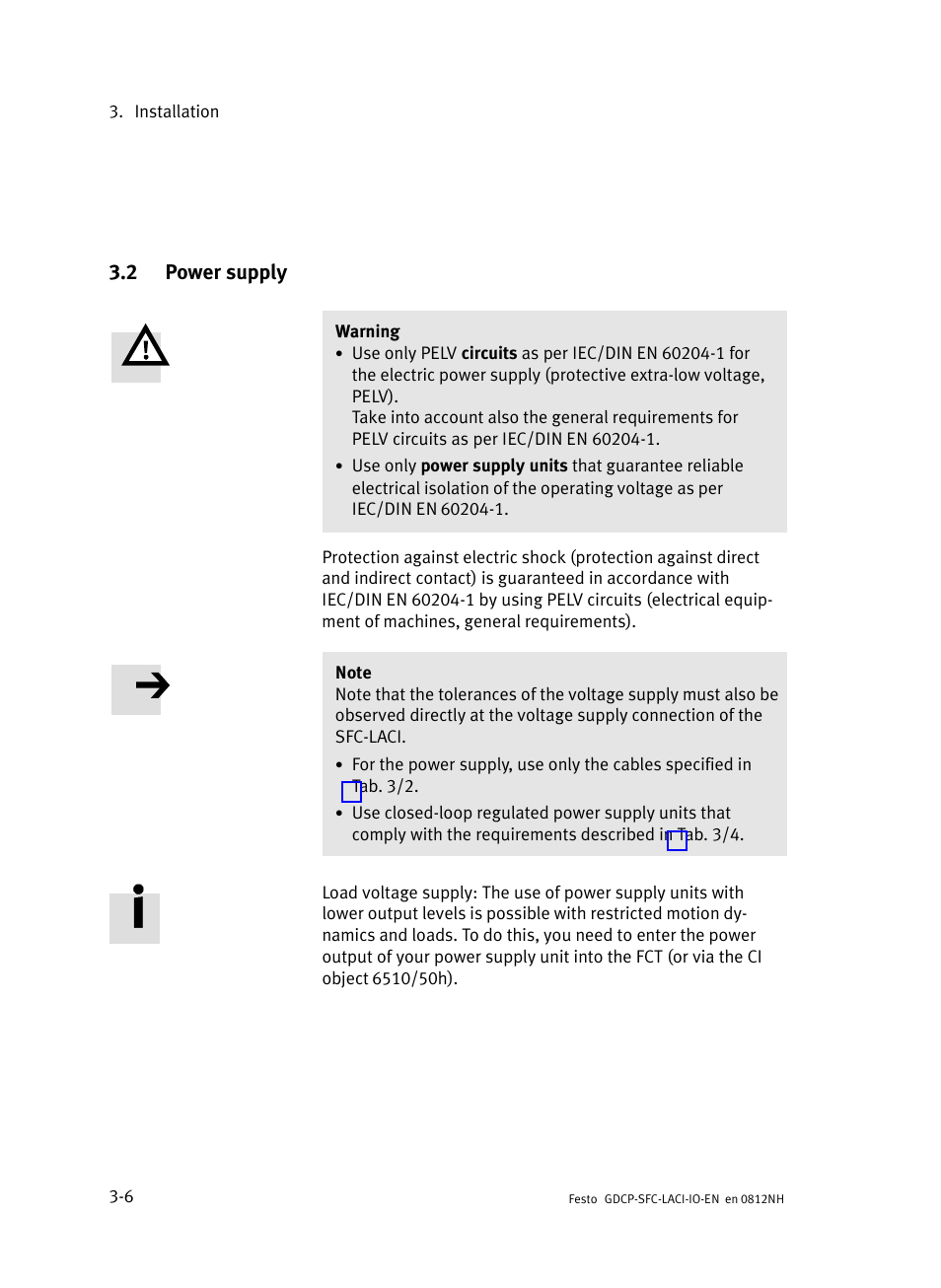 2 power supply, Power supply, Section 3.2) | Section 3.2 | Festo Контроллеры двигателя SFC-LAC User Manual | Page 48 / 245