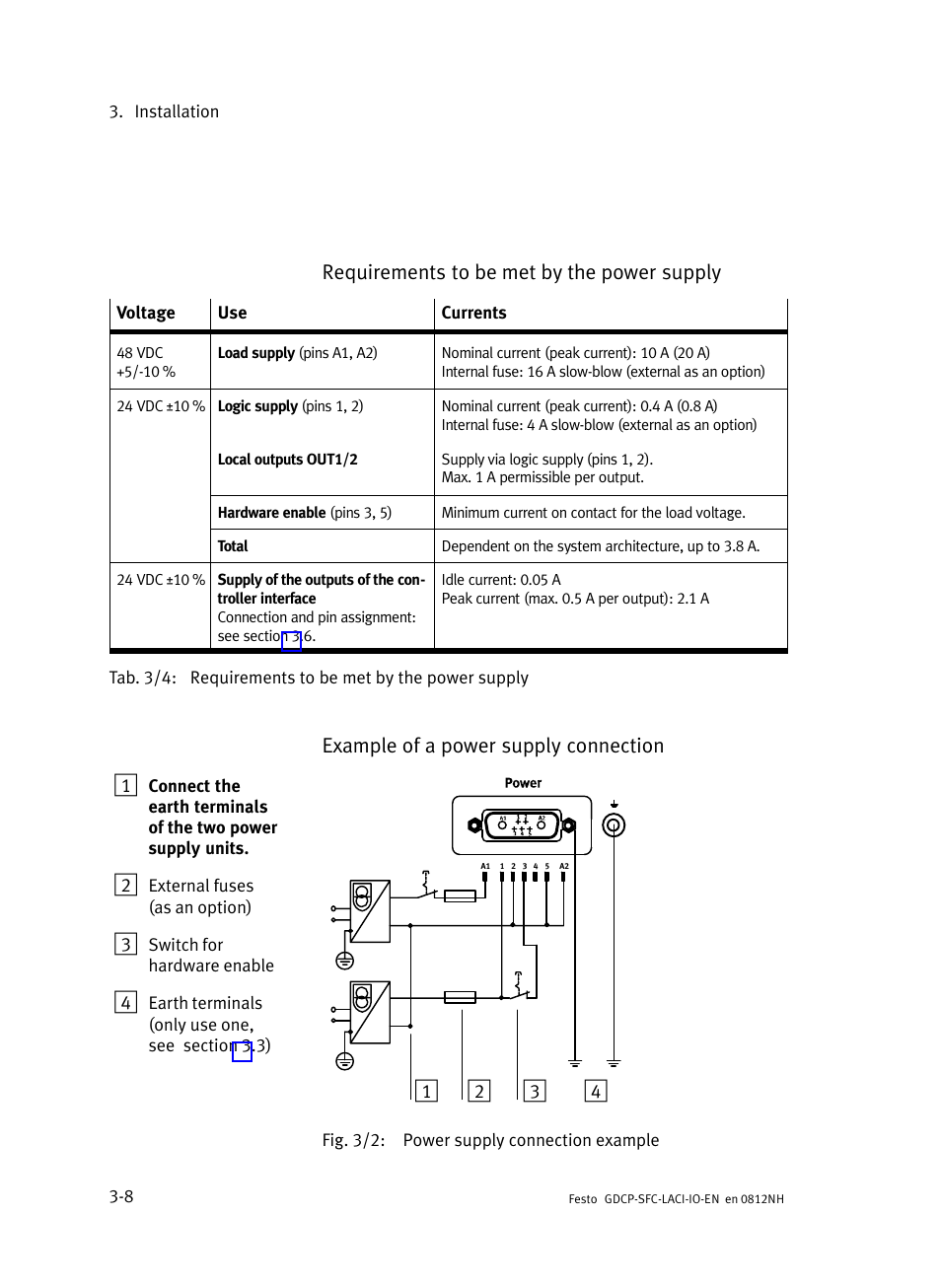 Requirements to be met by the power supply, Example of a power supply connection 1 | Festo Контроллеры двигателя SFC-LAC User Manual | Page 50 / 245
