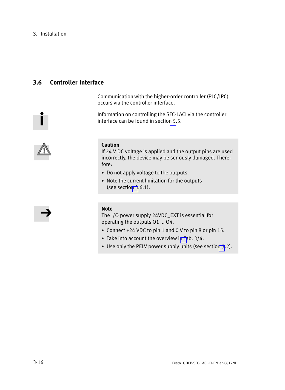 6 controller interface, Controller interface, Section 3.6 | Festo Контроллеры двигателя SFC-LAC User Manual | Page 58 / 245