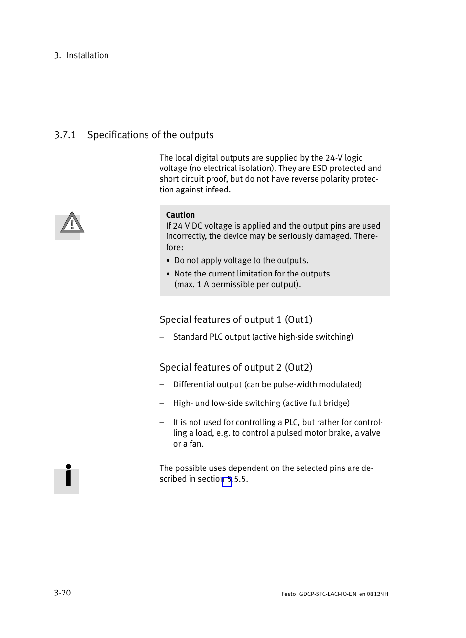 1 specifications of the outputs, Specifications of the outputs | Festo Контроллеры двигателя SFC-LAC User Manual | Page 62 / 245