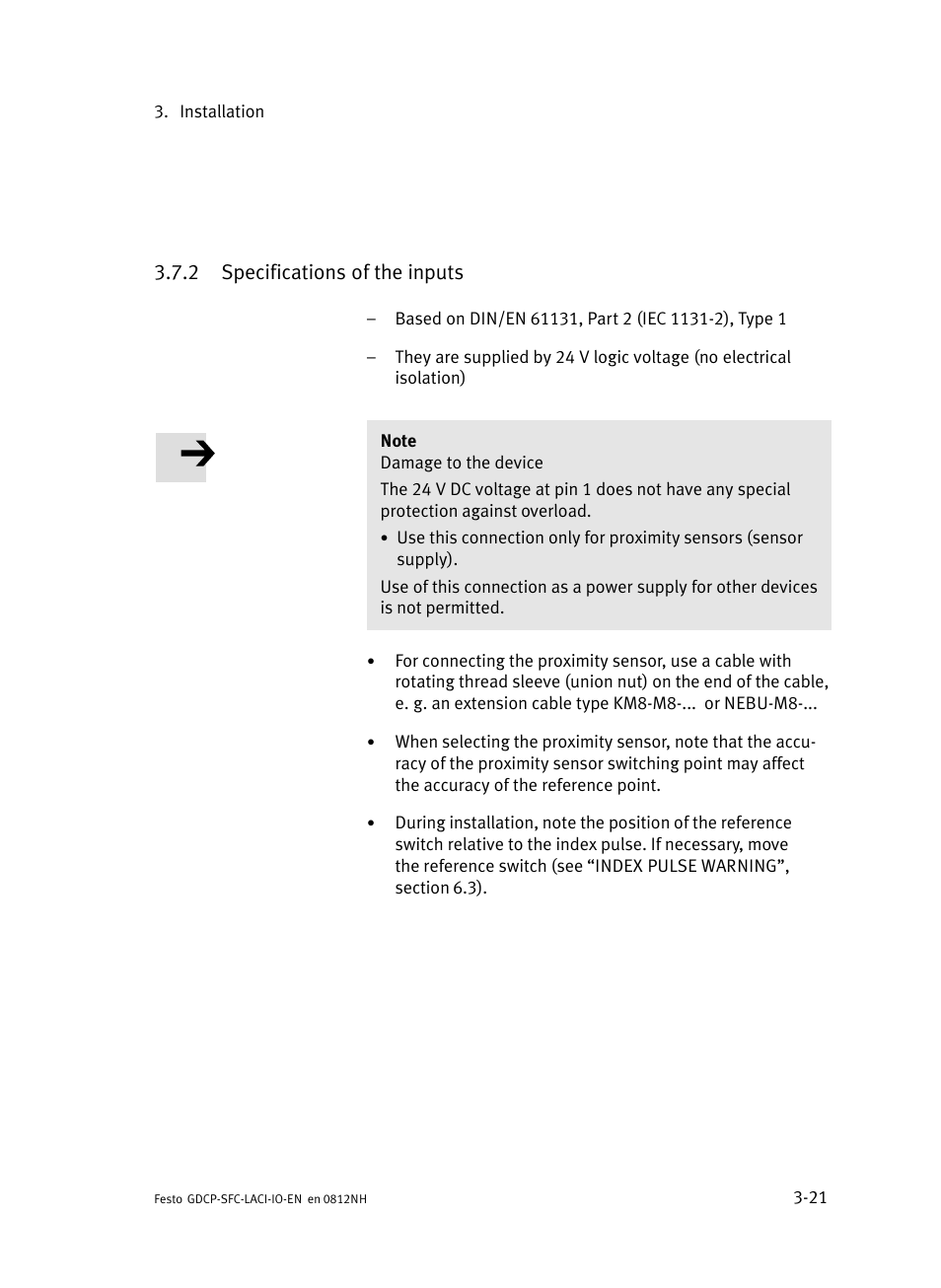 2 specifications of the inputs, Specifications of the inputs | Festo Контроллеры двигателя SFC-LAC User Manual | Page 63 / 245