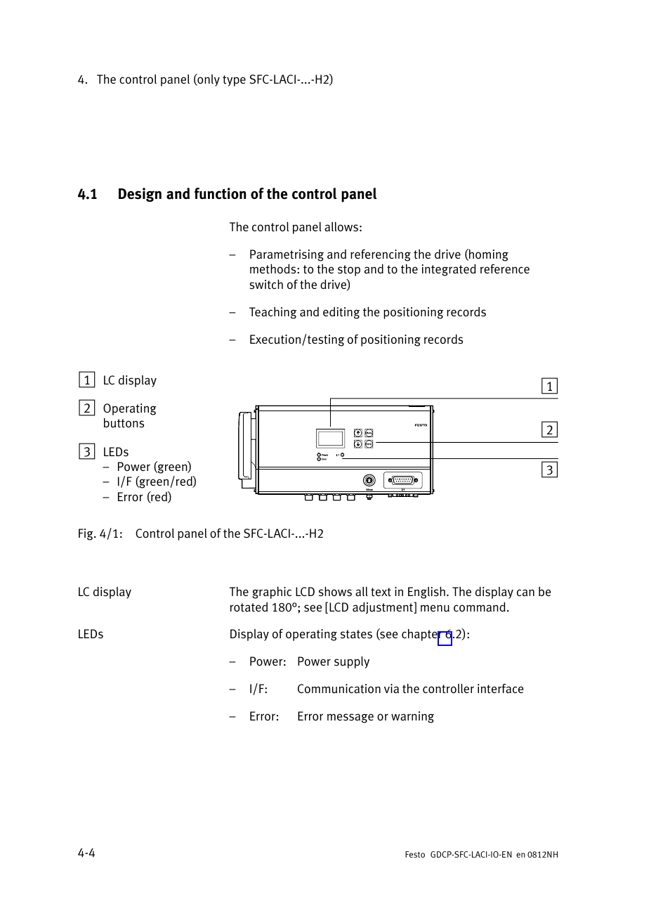 1 design and function of the control panel, Design and function of the control panel | Festo Контроллеры двигателя SFC-LAC User Manual | Page 68 / 245