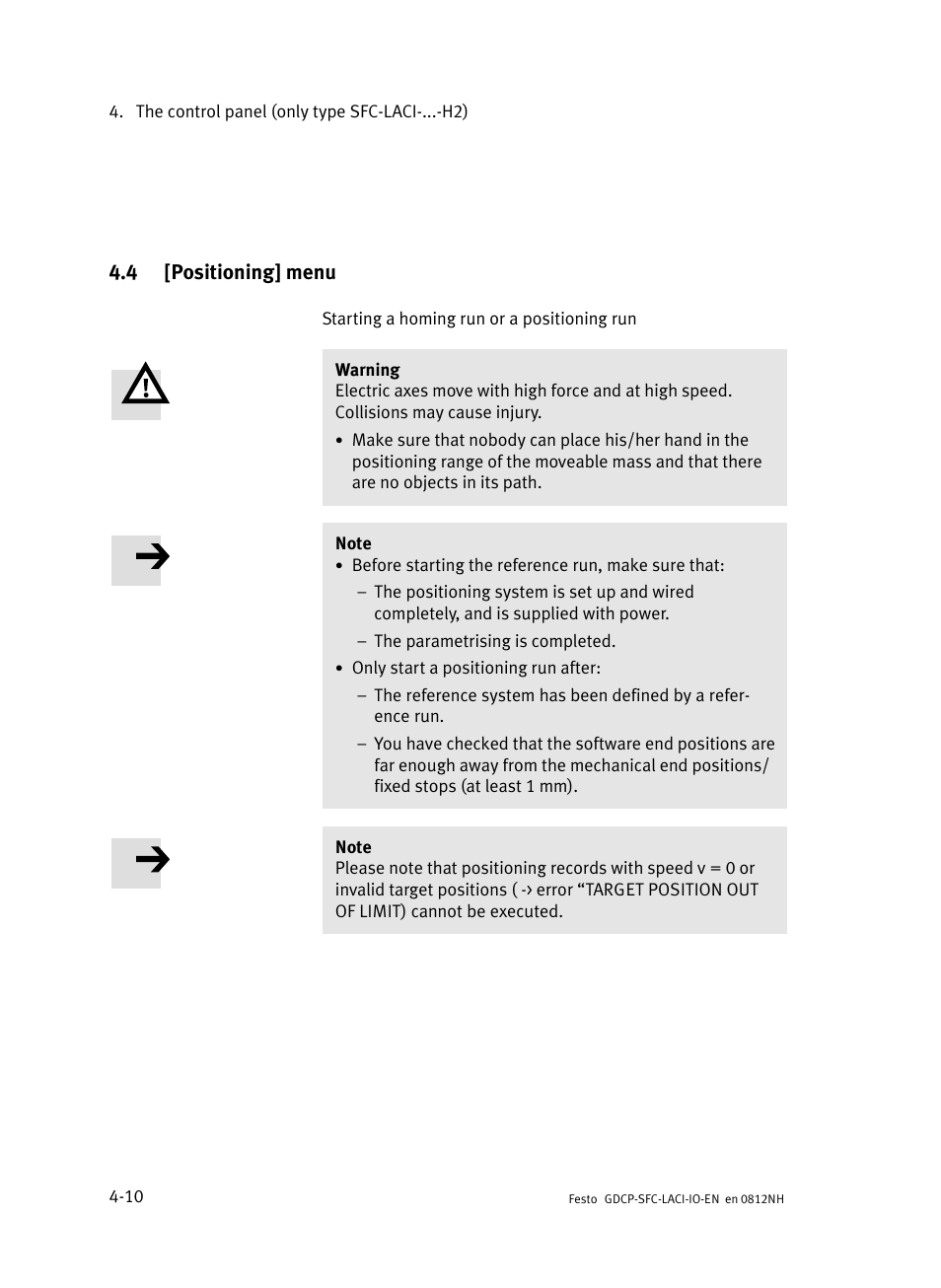 4 [positioning] menu, Positioning] menu | Festo Контроллеры двигателя SFC-LAC User Manual | Page 74 / 245