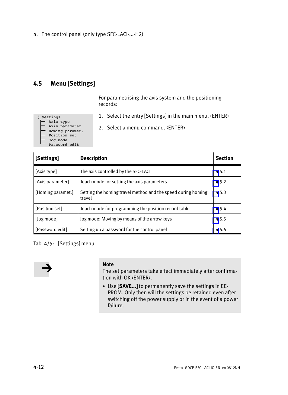 5 menu [settings, Menu [settings | Festo Контроллеры двигателя SFC-LAC User Manual | Page 76 / 245