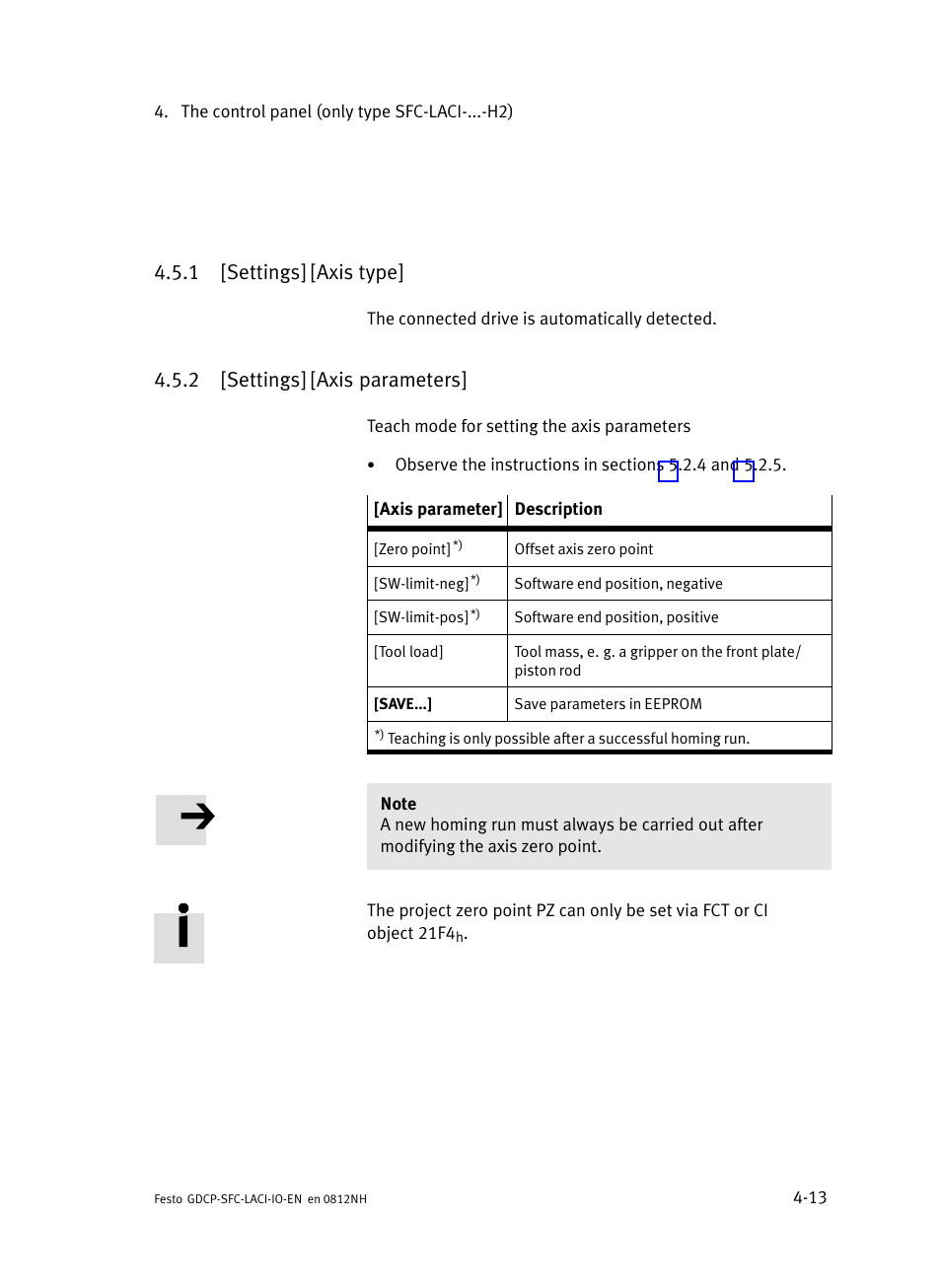 1 [settings] [axis type, 2 [settings] [axis parameters, Settings] [axis type | Settings] [axis parameters | Festo Контроллеры двигателя SFC-LAC User Manual | Page 77 / 245