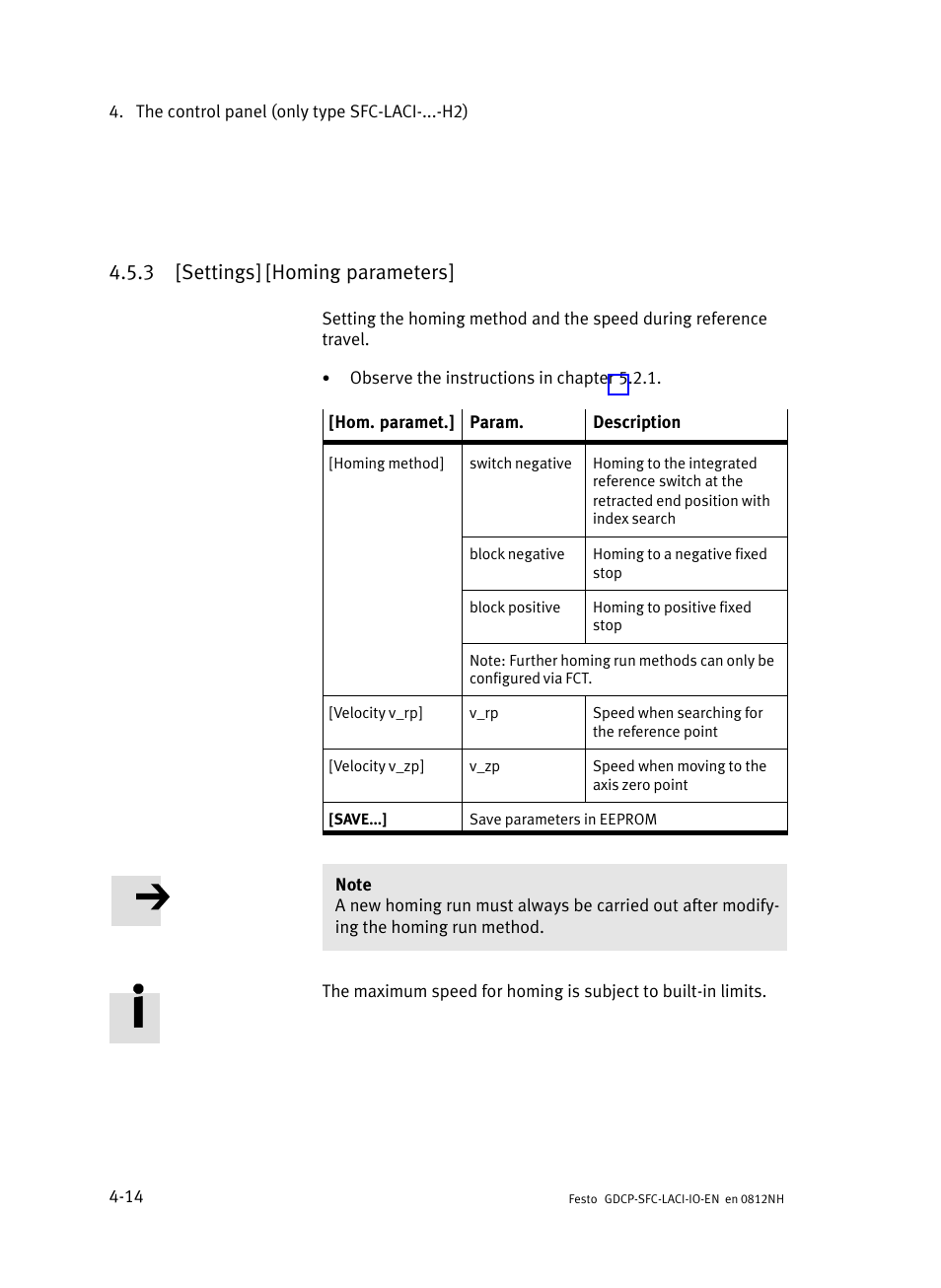 3 [settings] [homing parameters, Settings] [homing parameters | Festo Контроллеры двигателя SFC-LAC User Manual | Page 78 / 245