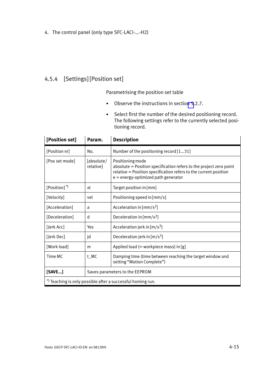 4 [settings] [position set, Settings] [position set | Festo Контроллеры двигателя SFC-LAC User Manual | Page 79 / 245