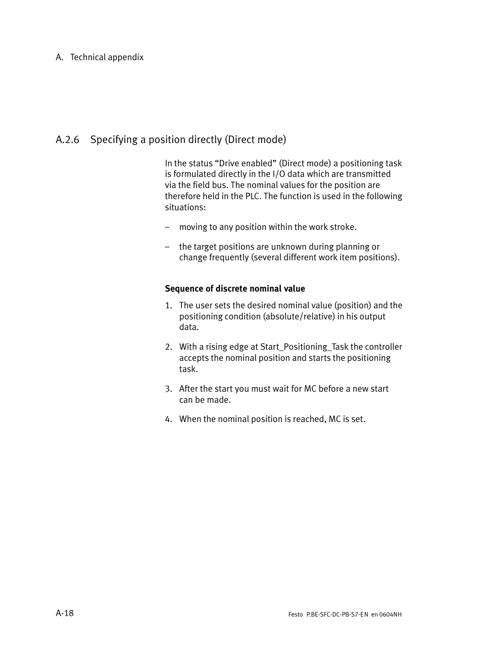 A.2.6 specifying a position directly (direct mode), A.2.6, Specifying a position directly (direct mode) | A−18 | Festo Контроллер двигателя SFC-ST User Manual | Page 102 / 128