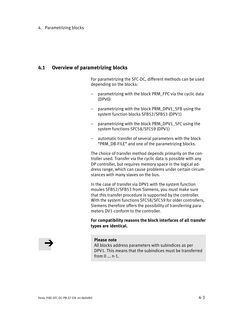 1 overview of parametrizing blocks, Overview of parametrizing blocks | Festo Контроллер двигателя SFC-ST User Manual | Page 57 / 128