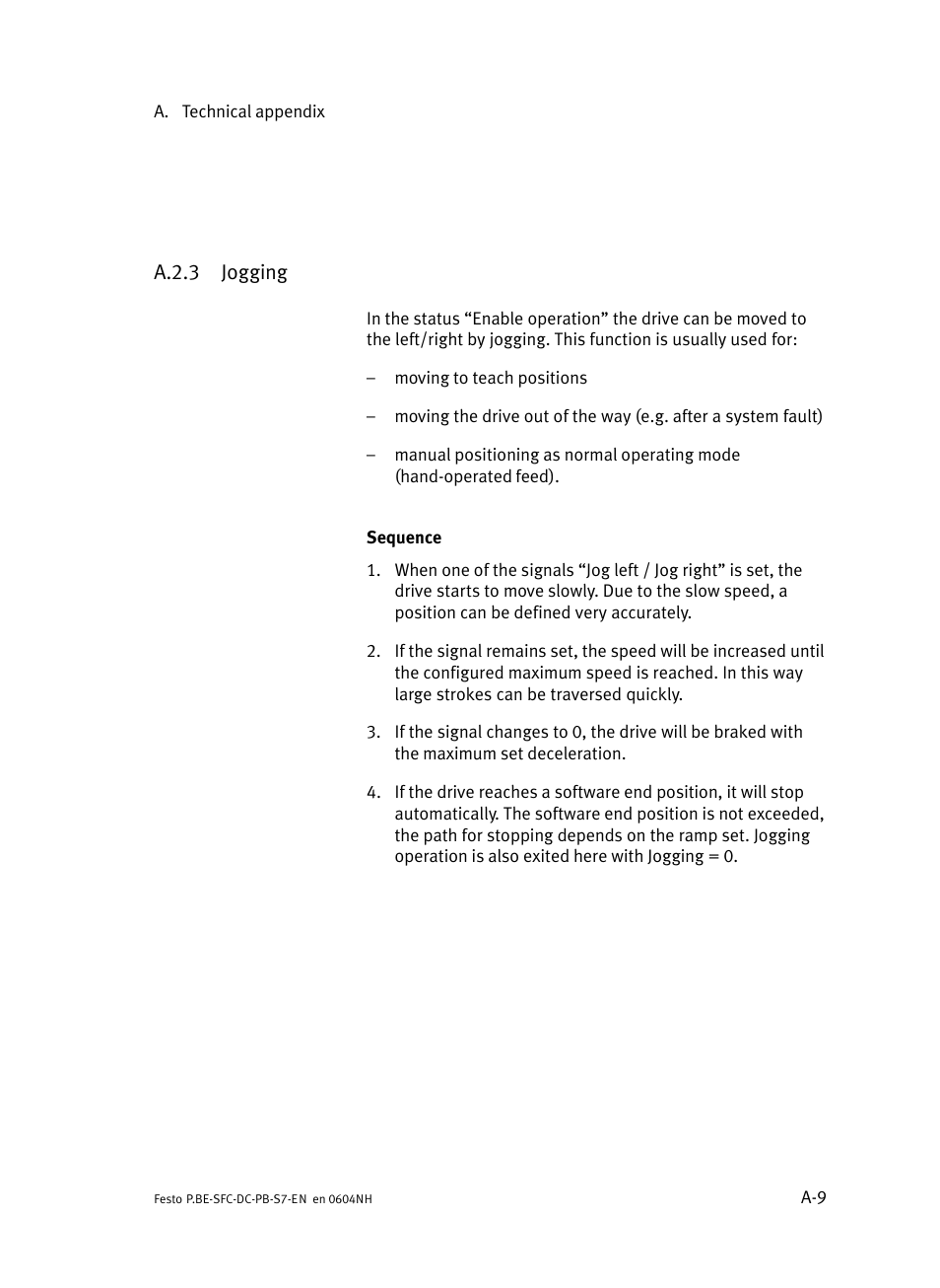 A.2.3 jogging, A.2.3, Jogging | Festo Контроллер двигателя SFC-ST User Manual | Page 93 / 128