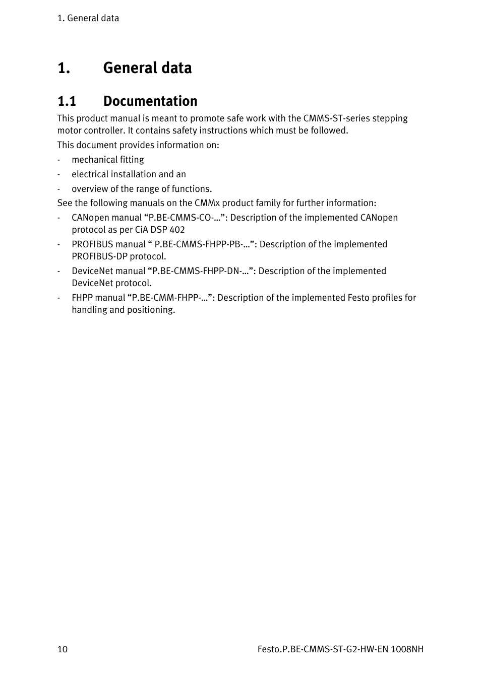General data, 1 documentation, Documentation | Festo Контроллеры двигателя CMMS-ST User Manual | Page 10 / 136