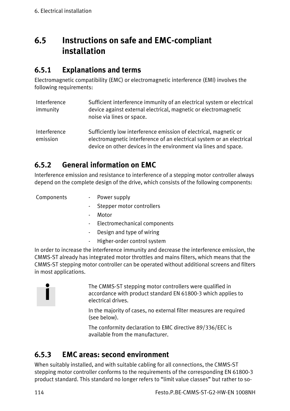 1 explanations and terms, 2 general information on emc, 3 emc areas: second environment | Explanations and terms, General information on emc, Emc areas: second environment, See chapter, 5 instructions on safe and emc-compliant | Festo Контроллеры двигателя CMMS-ST User Manual | Page 114 / 136
