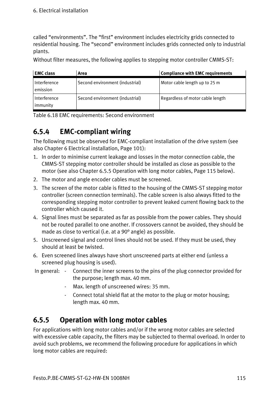 4 emc-compliant wiring, 5 operation with long motor cables, Emc-compliant wiring | Operation with long motor cables | Festo Контроллеры двигателя CMMS-ST User Manual | Page 115 / 136