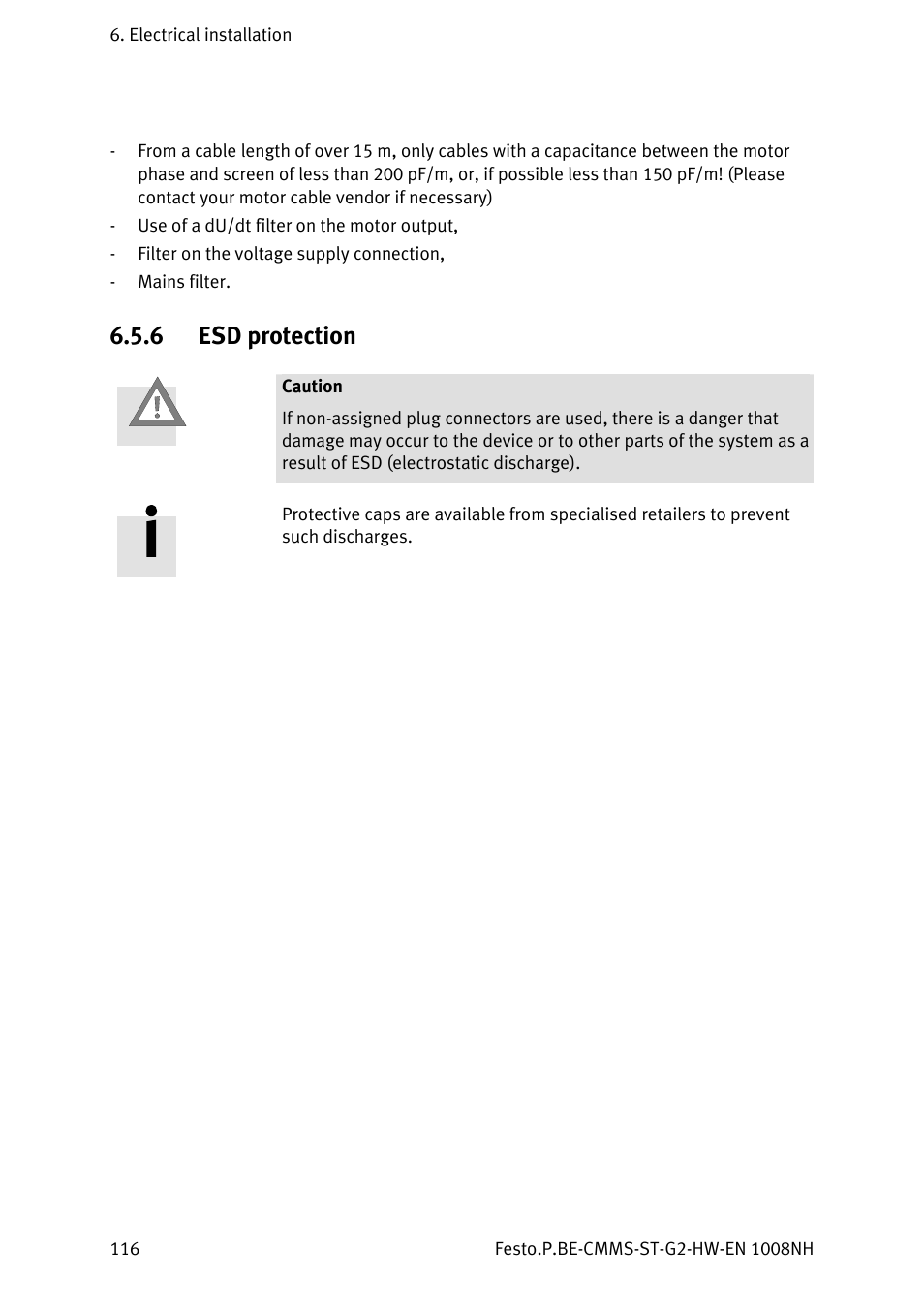 6 esd protection, Esd protection | Festo Контроллеры двигателя CMMS-ST User Manual | Page 116 / 136