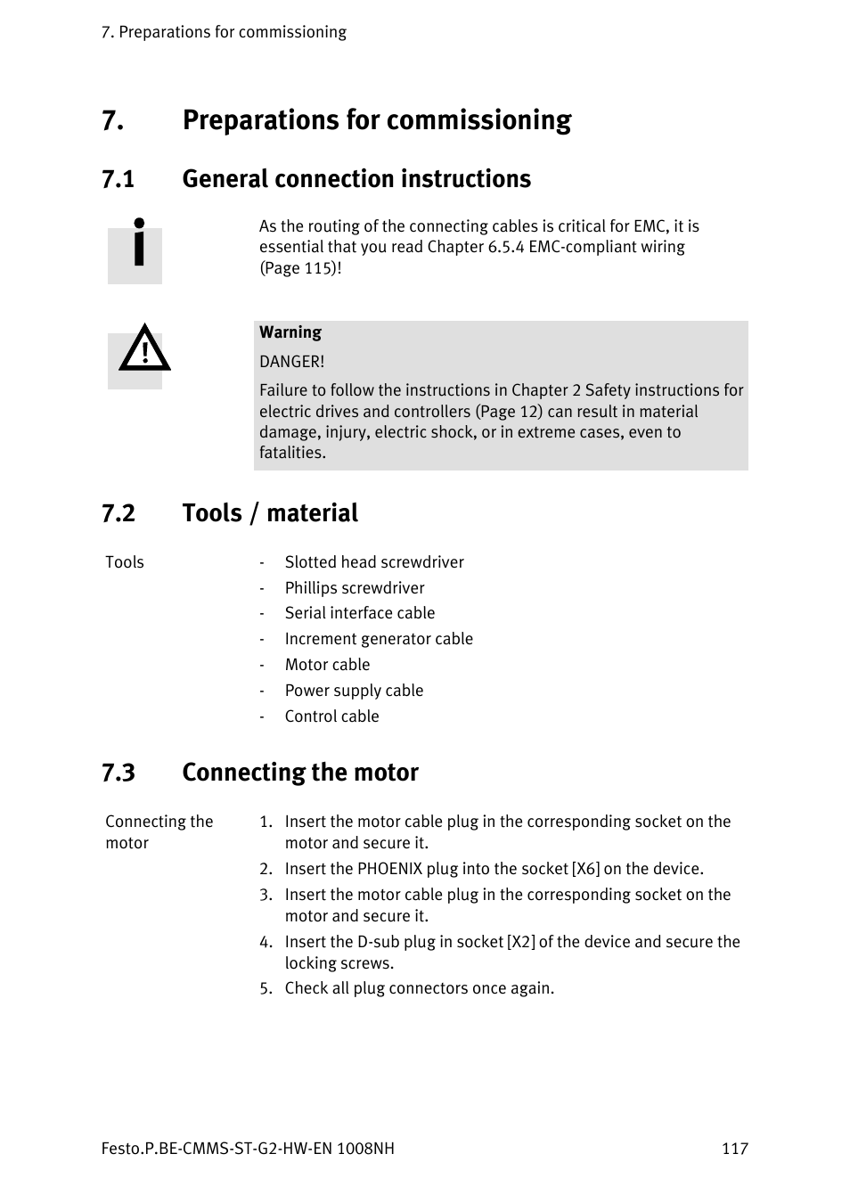 Preparations for commissioning, 1 general connection instructions, 2 tools / material | 3 connecting the motor, General connection instructions, Tools / material, Connecting the motor | Festo Контроллеры двигателя CMMS-ST User Manual | Page 117 / 136