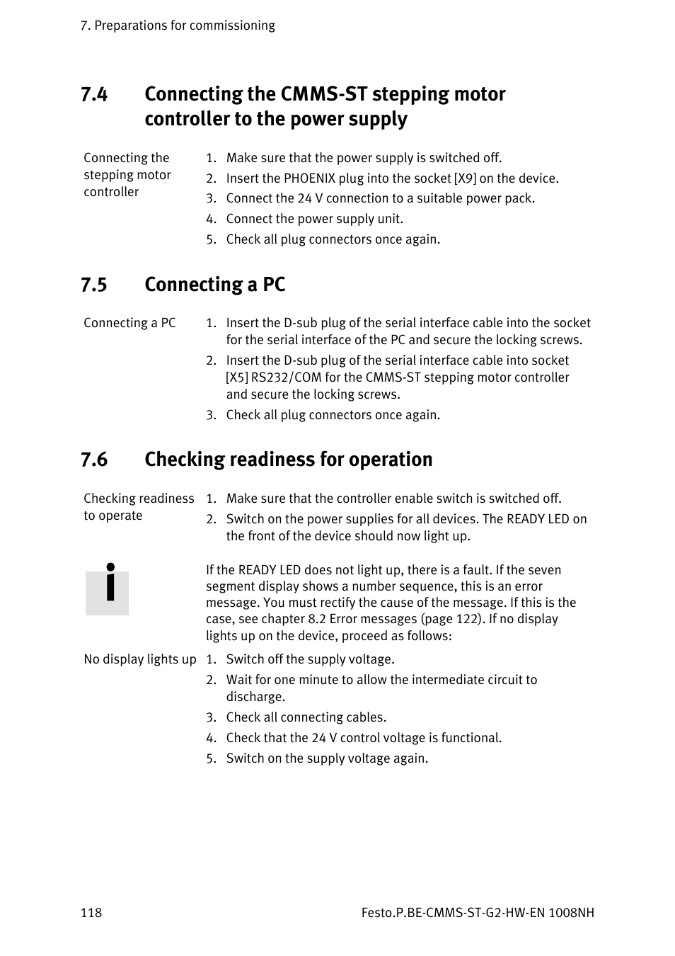 5 connecting a pc, 6 checking readiness for operation, Connecting a pc | Checking readiness for operation | Festo Контроллеры двигателя CMMS-ST User Manual | Page 118 / 136