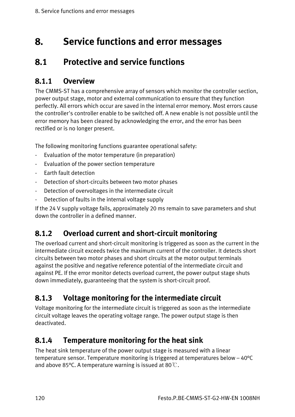 Service functions and error messages, 1 protective and service functions, 1 overview | 2 overload current and short-circuit monitoring, 3 voltage monitoring for the intermediate circuit, 4 temperature monitoring for the heat sink, Protective and service functions 8.1.1, Overview, Overload current and short-circuit monitoring, Voltage monitoring for the intermediate circuit | Festo Контроллеры двигателя CMMS-ST User Manual | Page 120 / 136