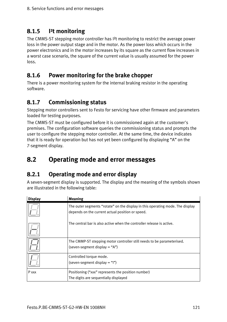 5 i²t monitoring, 6 power monitoring for the brake chopper, 7 commissioning status | 2 operating mode and error messages, 1 operating mode and error display, I²t monitoring, Power monitoring for the brake chopper, Commissioning status, Operating mode and error messages 8.2.1, Operating mode and error display | Festo Контроллеры двигателя CMMS-ST User Manual | Page 121 / 136