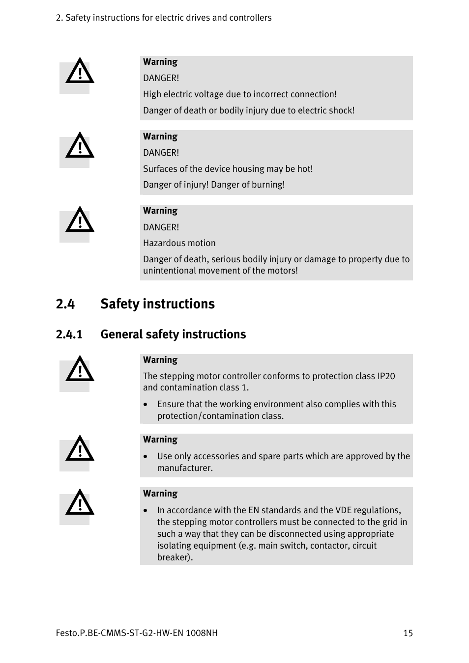 4 safety instructions, 1 general safety instructions, Safety instructions 2.4.1 | General safety instructions | Festo Контроллеры двигателя CMMS-ST User Manual | Page 15 / 136