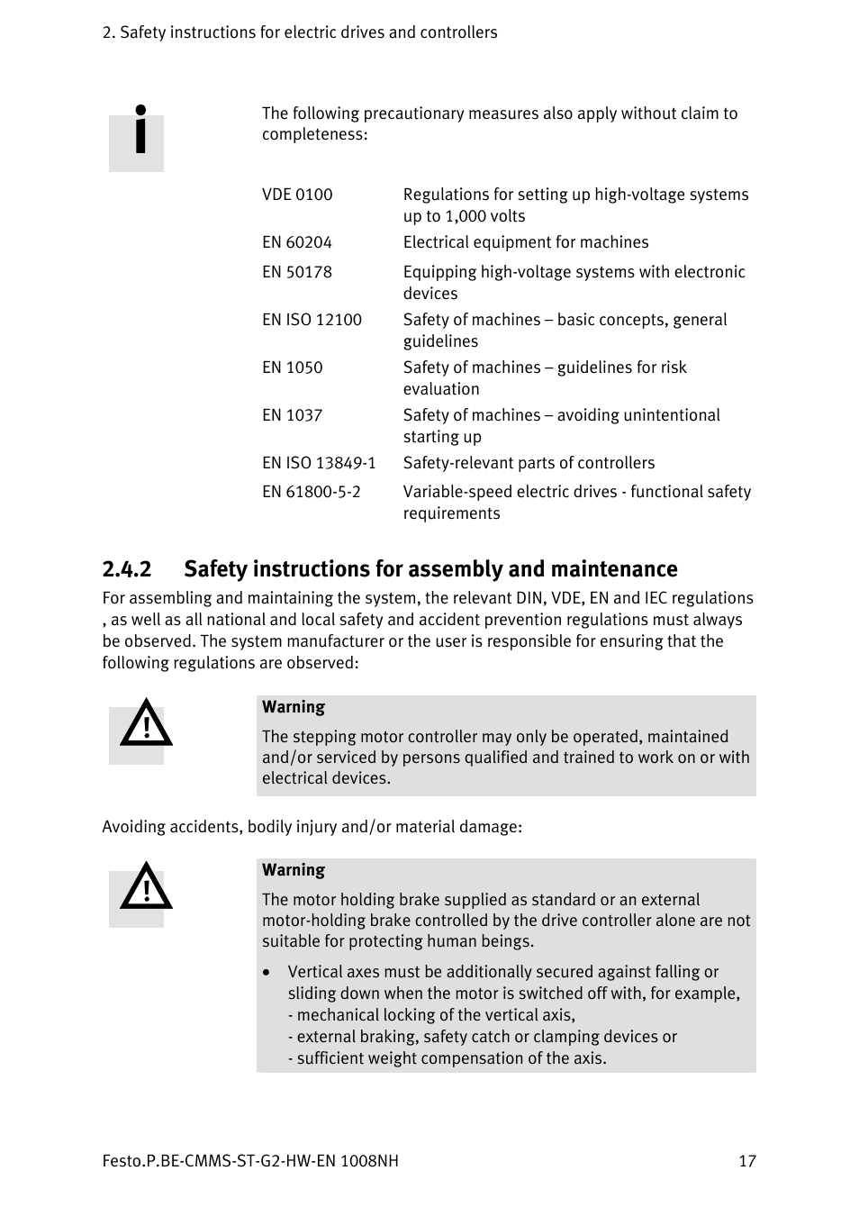 2 safety instructions for assembly and maintenance, Safety instructions for assembly and maintenance | Festo Контроллеры двигателя CMMS-ST User Manual | Page 17 / 136