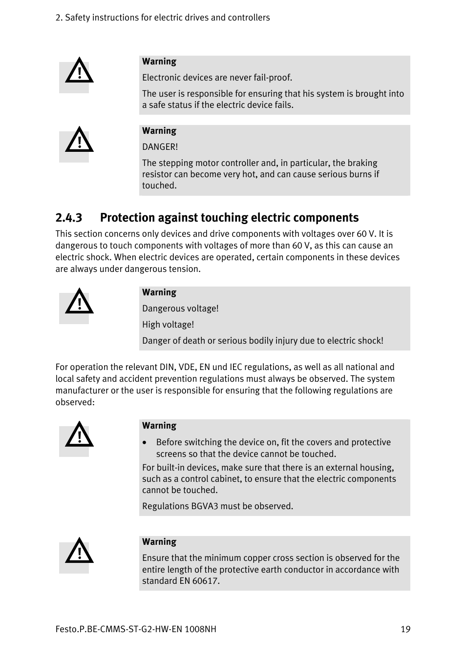 3 protection against touching electric components, Protection against touching electric components | Festo Контроллеры двигателя CMMS-ST User Manual | Page 19 / 136